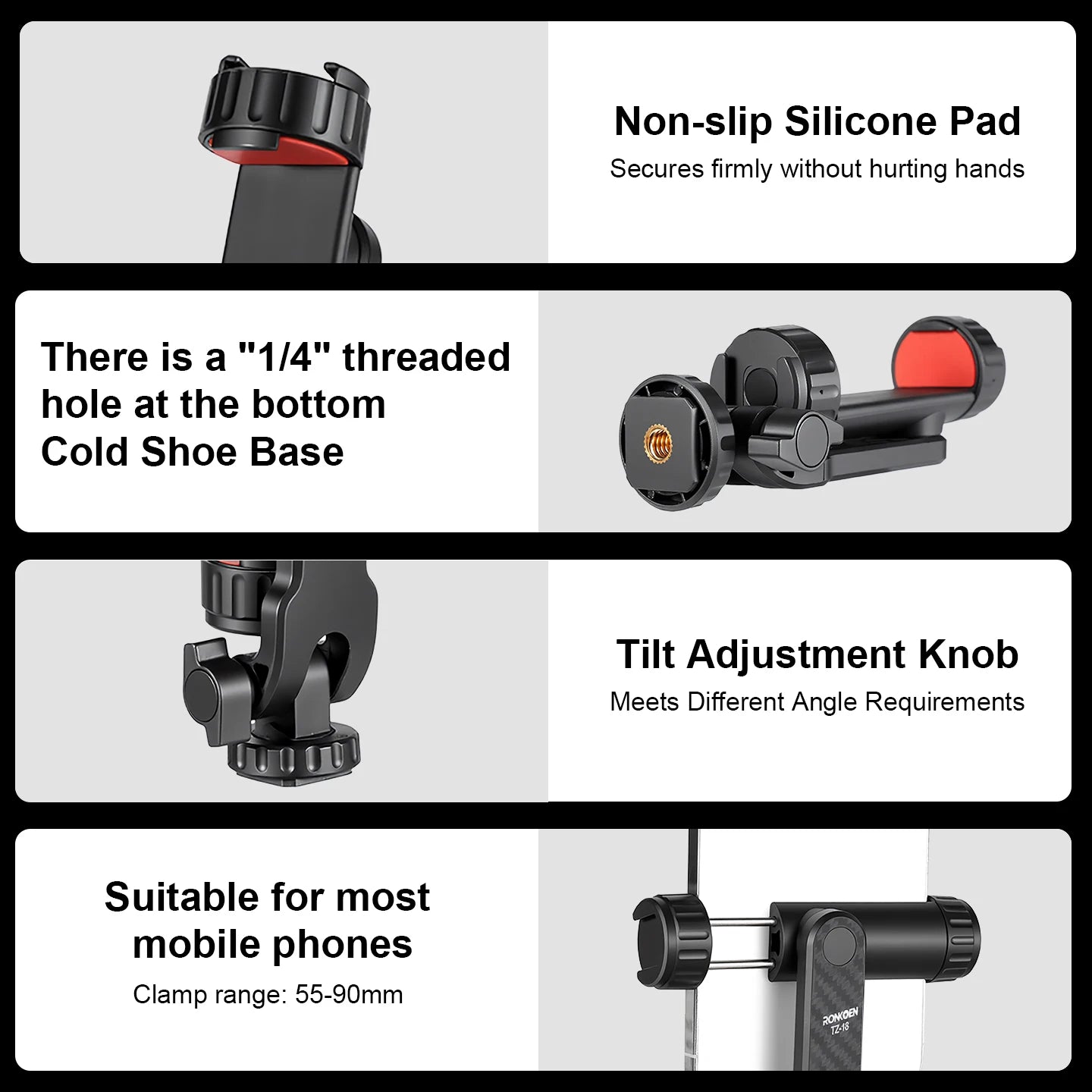 Ronkoen TZ-18 For Samsung iPhone Xiaomi Cellphone Universal 360° Mobile Phone Clip Holder for 1/4 Screw Tripod Mount Adapter