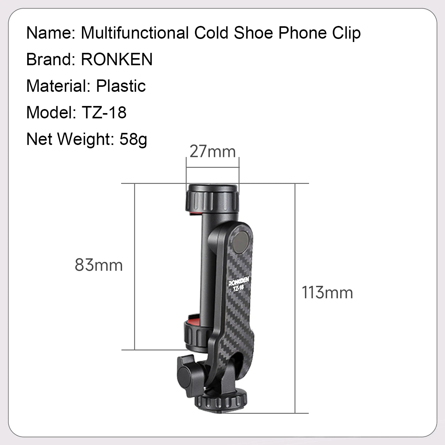 Ronkoen TZ-18 For Samsung iPhone Xiaomi Cellphone Universal 360° Mobile Phone Clip Holder for 1/4 Screw Tripod Mount Adapter