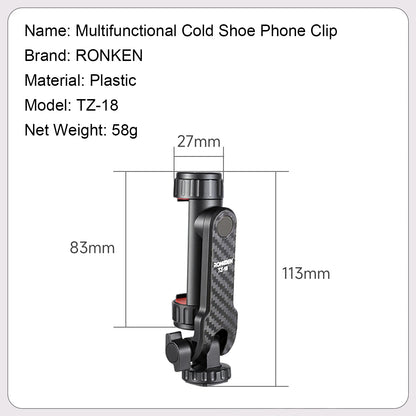 Ronkoen TZ-18 For Samsung iPhone Xiaomi Cellphone Universal 360° Mobile Phone Clip Holder for 1/4 Screw Tripod Mount Adapter