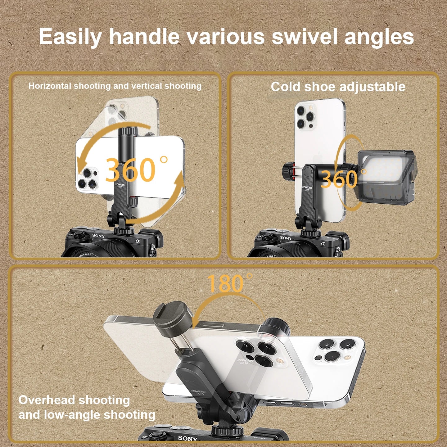 Ronkoen TZ-18 For Samsung iPhone Xiaomi Cellphone Universal 360° Mobile Phone Clip Holder for 1/4 Screw Tripod Mount Adapter